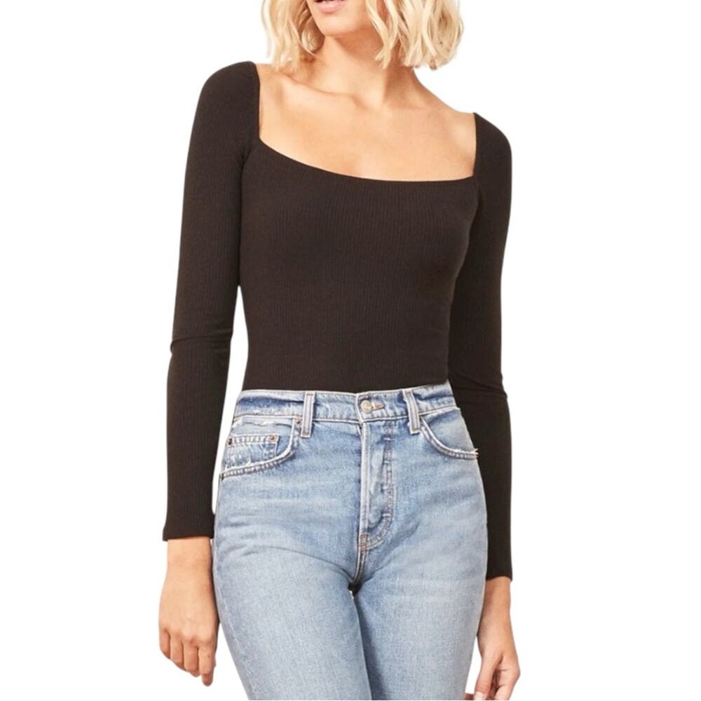 Reformation Jeans Gaia Long Sleeve Rib Square Neck Black Bodysuit SMALL